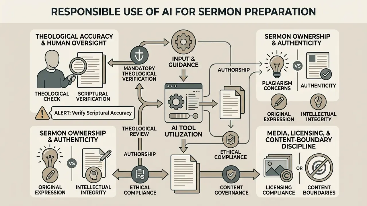 Flowchart mapping theological oversight, authorship ethics, and content governance for ministry tools