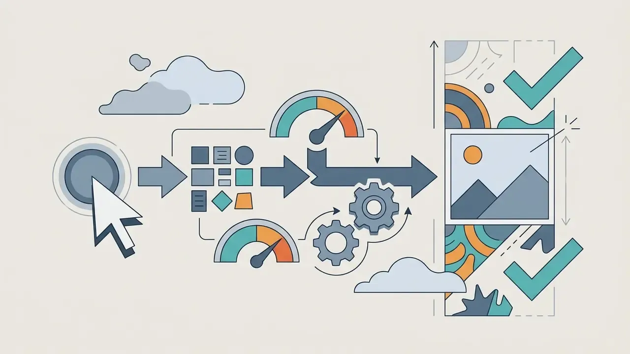 Cursor clicking a button to trigger processing icons, gauges, and gears that expand a digital image