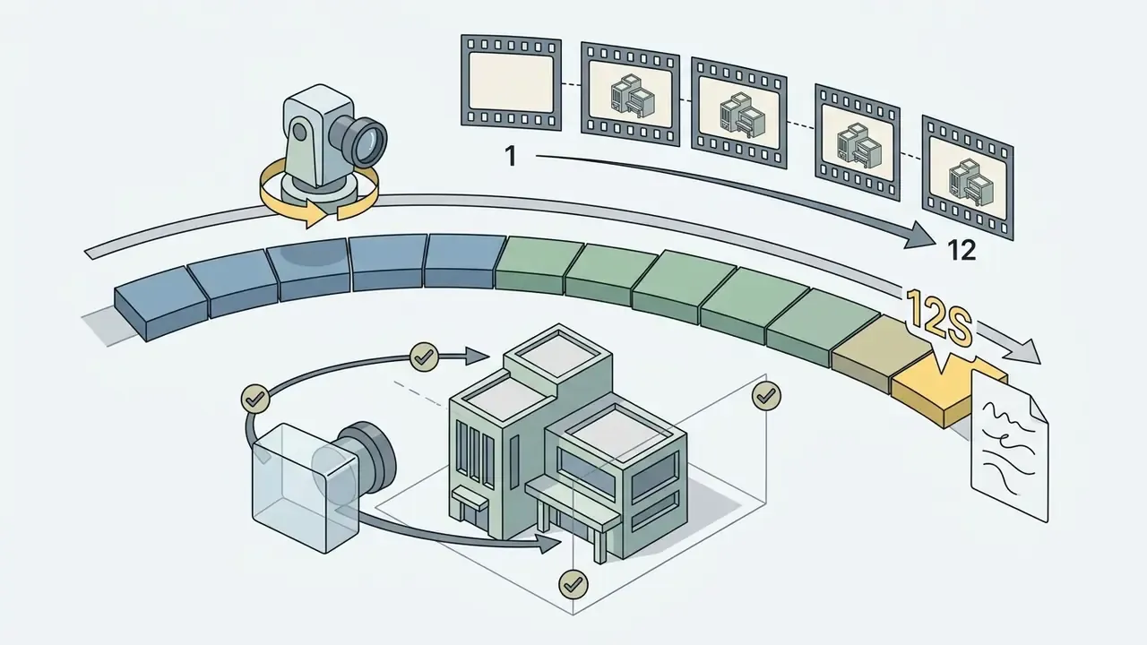 Virtual camera rotating around a 3D building model to generate a twelve second AI video sequence