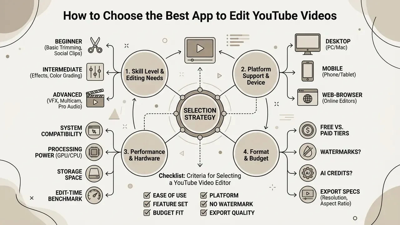 Flowchart outlining criteria for selecting a YouTube video editor based on skill, hardware, and budget
