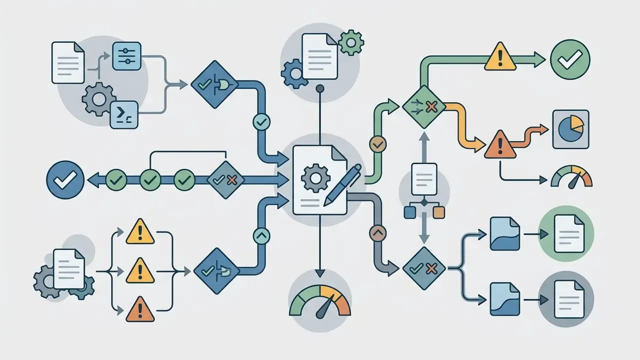 Central document icon branching into various decision nodes, risk pathways, and final outcome symbols