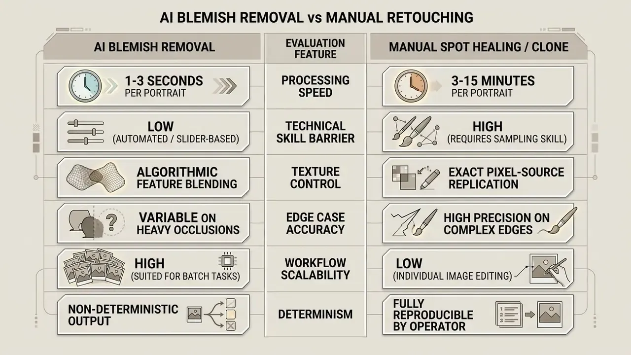 Comparison table contrasting the speed, skill, and precision of AI versus manual skin retouching methods