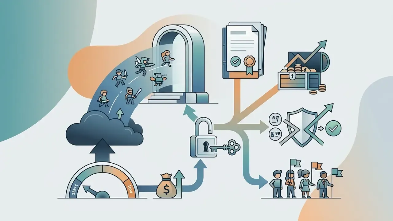 Characters emerging from a portal unlocked by a key to access licensing documents and monetization tools