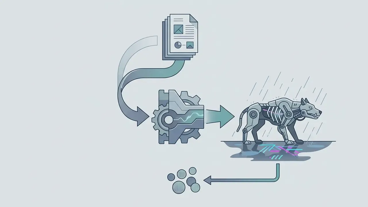 Cybernetic beast graphic processed through a technical pipeline with interlocking gears and status gauges