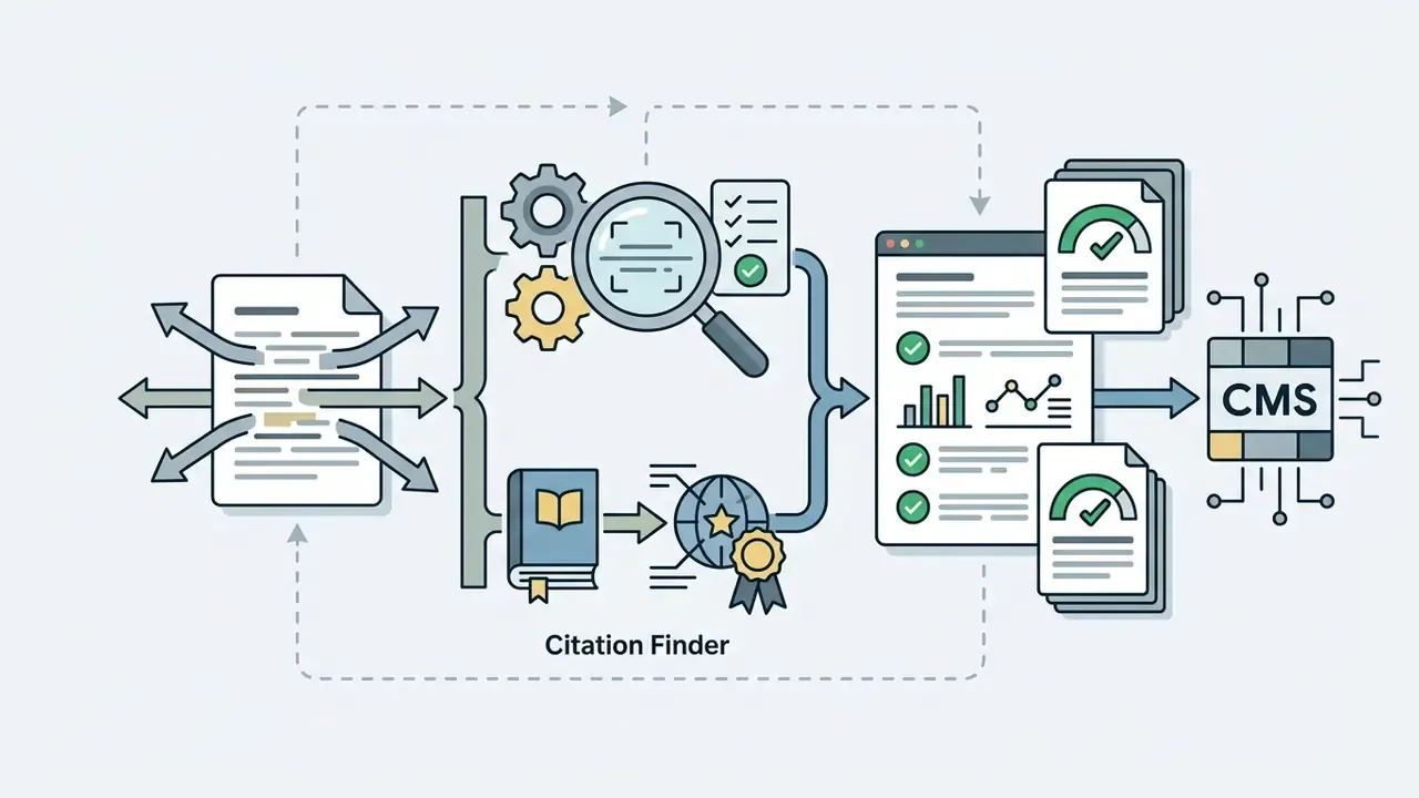 Document analysis process using Citation Finder to verify research before CMS integration
