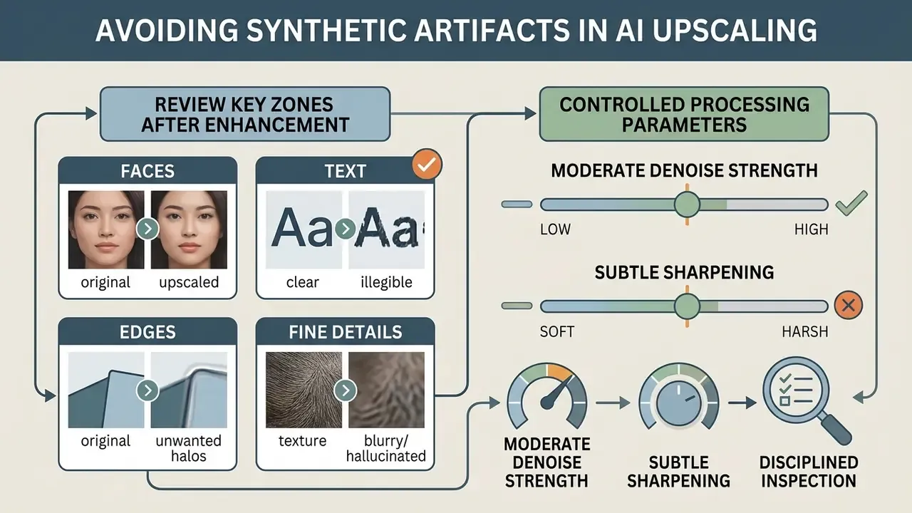 Infographic showing key zones to review and parameter sliders for balanced AI image enhancement
