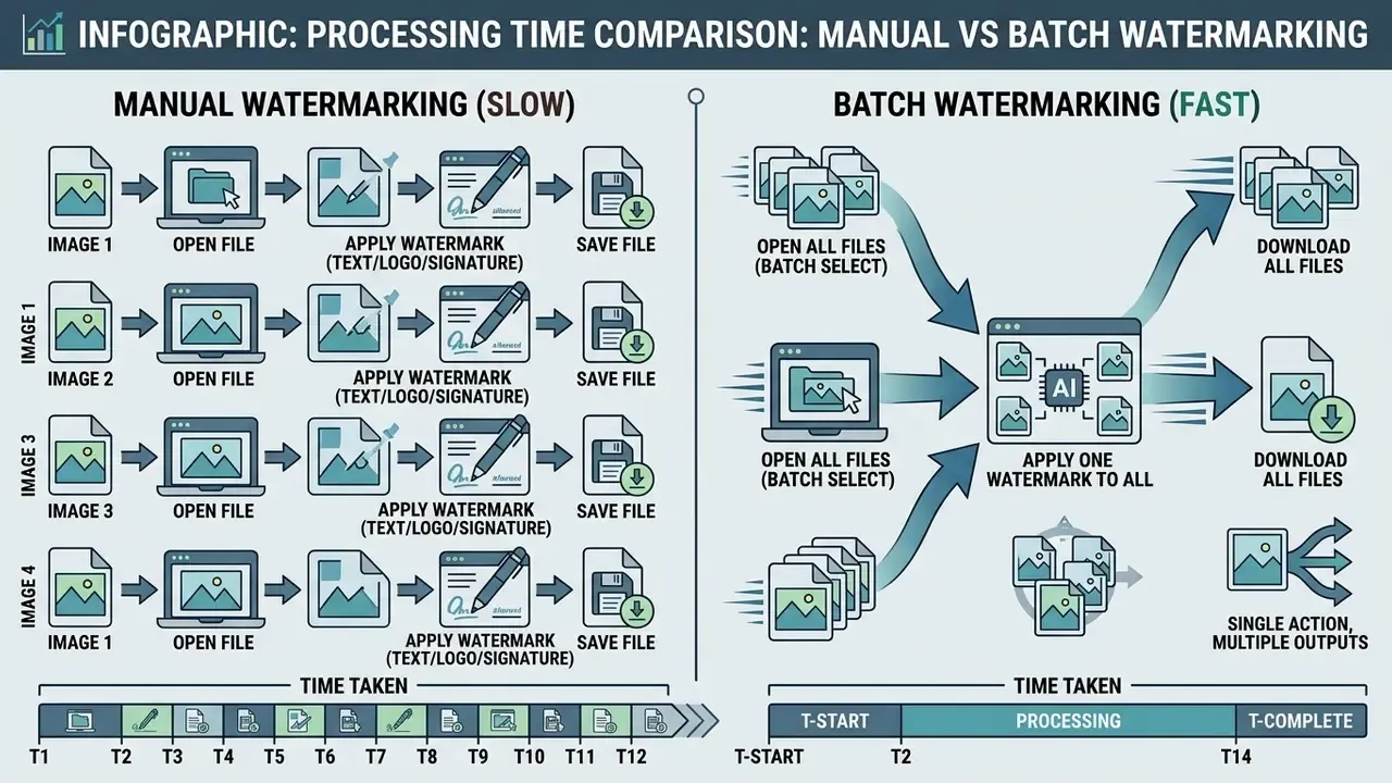 Side by side comparison of sequential manual file editing versus rapid automated batch processing