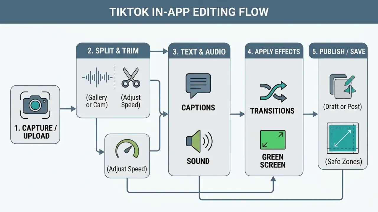 Flowchart outlining the five sequential steps to edit TikTok videos from initial capture to final publishing