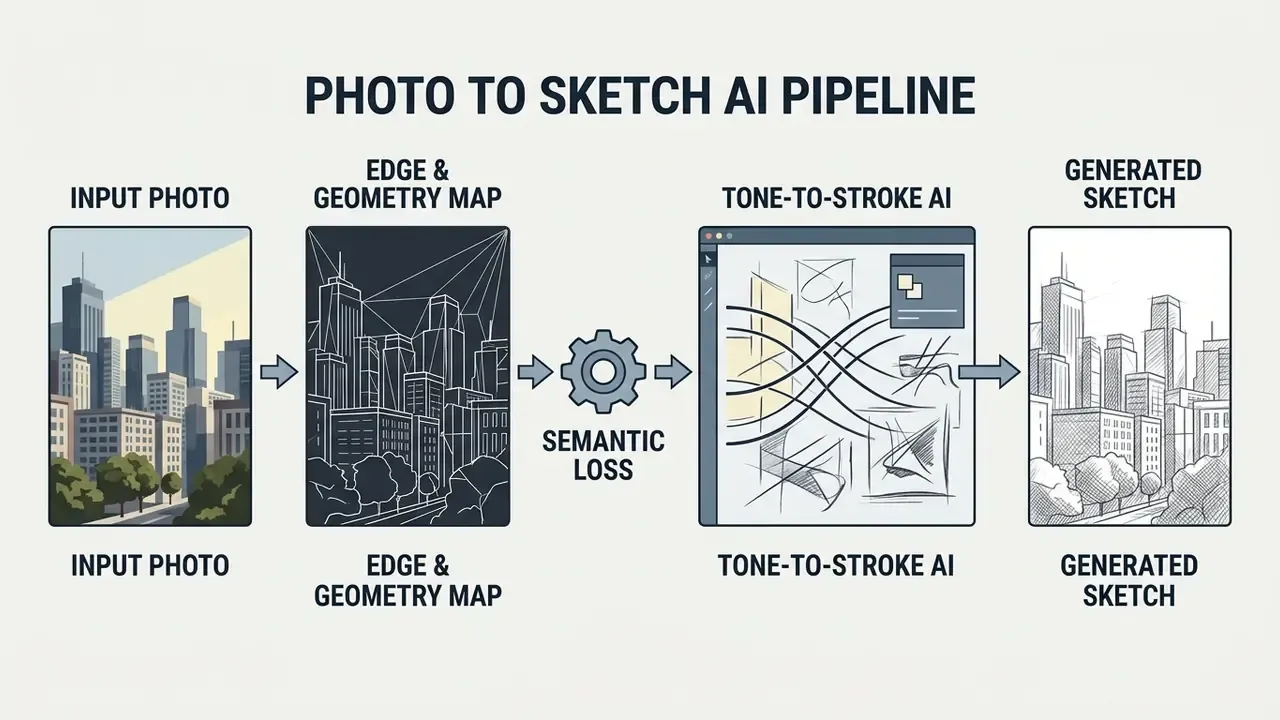 Flowchart showing an input photo transforming into a line sketch through edge mapping and AI processing