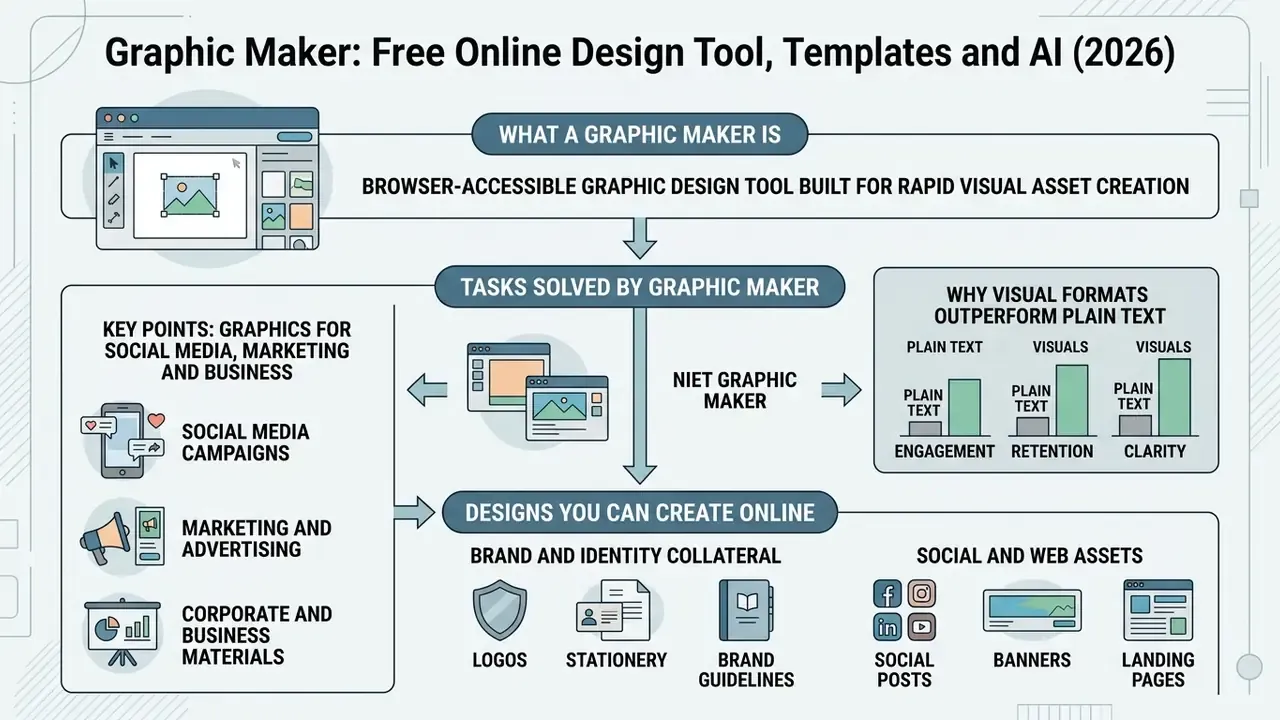 Infographic explaining how a graphic maker tool facilitates design tasks for marketing and social media
