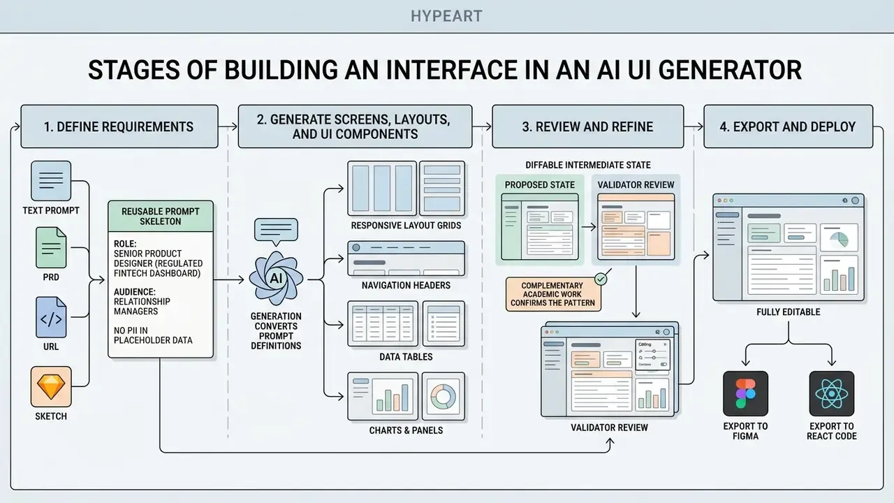 Four-step process diagram showing design requirements, AI generation, refinement, and final code export
