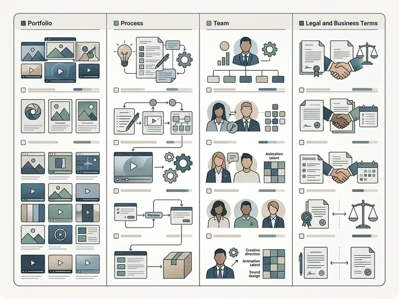 Evaluation matrix grid with columns for portfolio, process, team, and legal terms for vetting agencies
