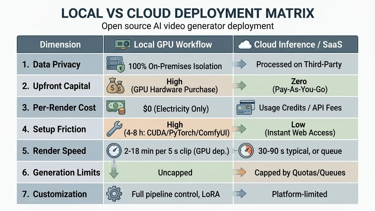 Comparison table evaluating local versus cloud deployment for an open source AI video generator