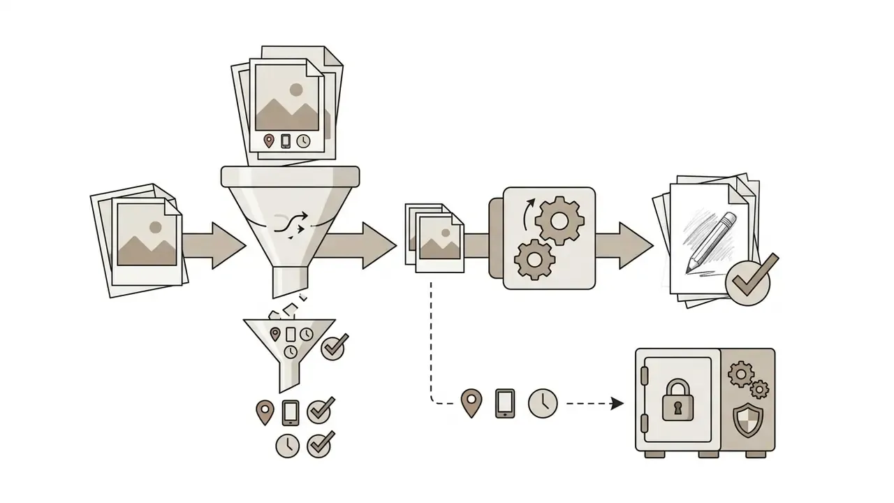 Diagram showing photo metadata being filtered out and stored in a vault while the image is processed