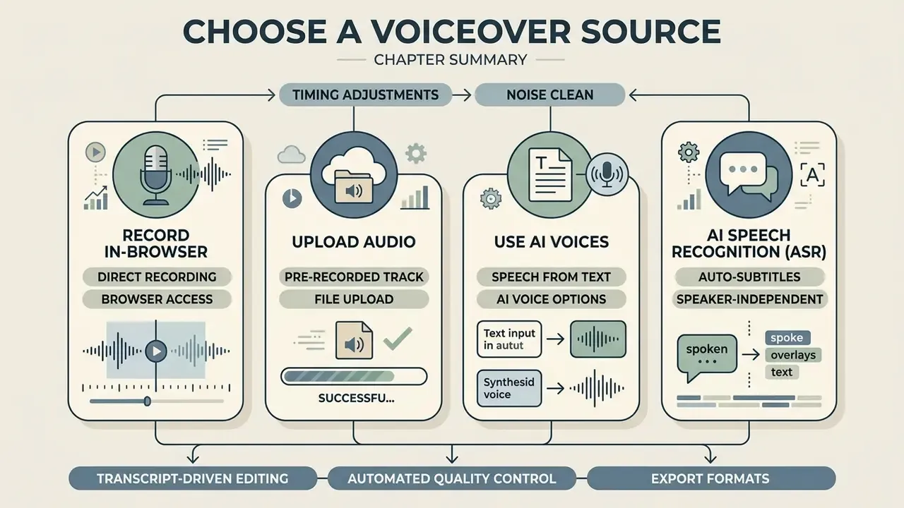 Infographic showing four methods to add voiceover to video online including recording and AI generation