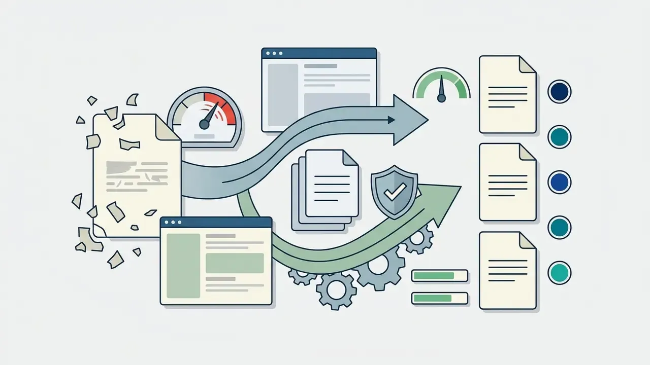 Documents and browser windows moving through gears and gauges into a series of organized files