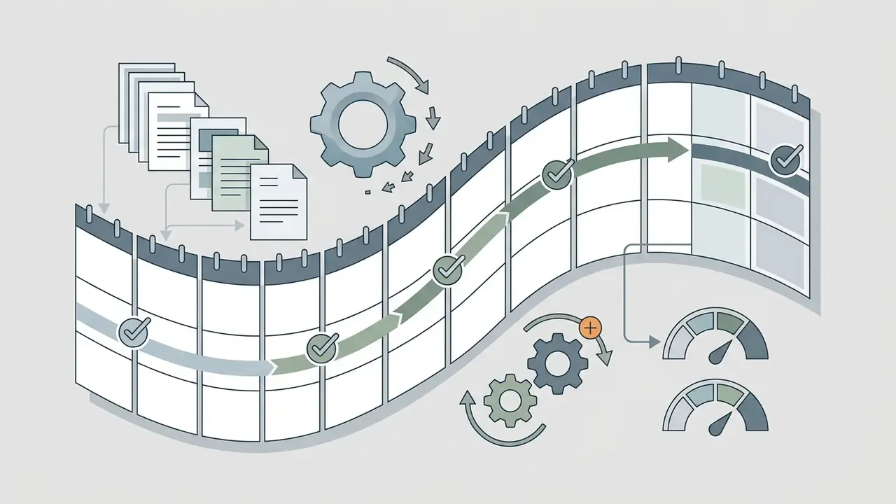 Papers feeding into a curved calendar timeline with gears and gauges to track scheduled ministry tasks