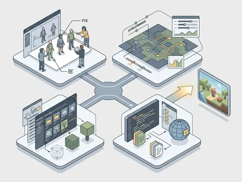 Four quadrants showing game development tasks like character fixing, map balancing, asset management, and coding
