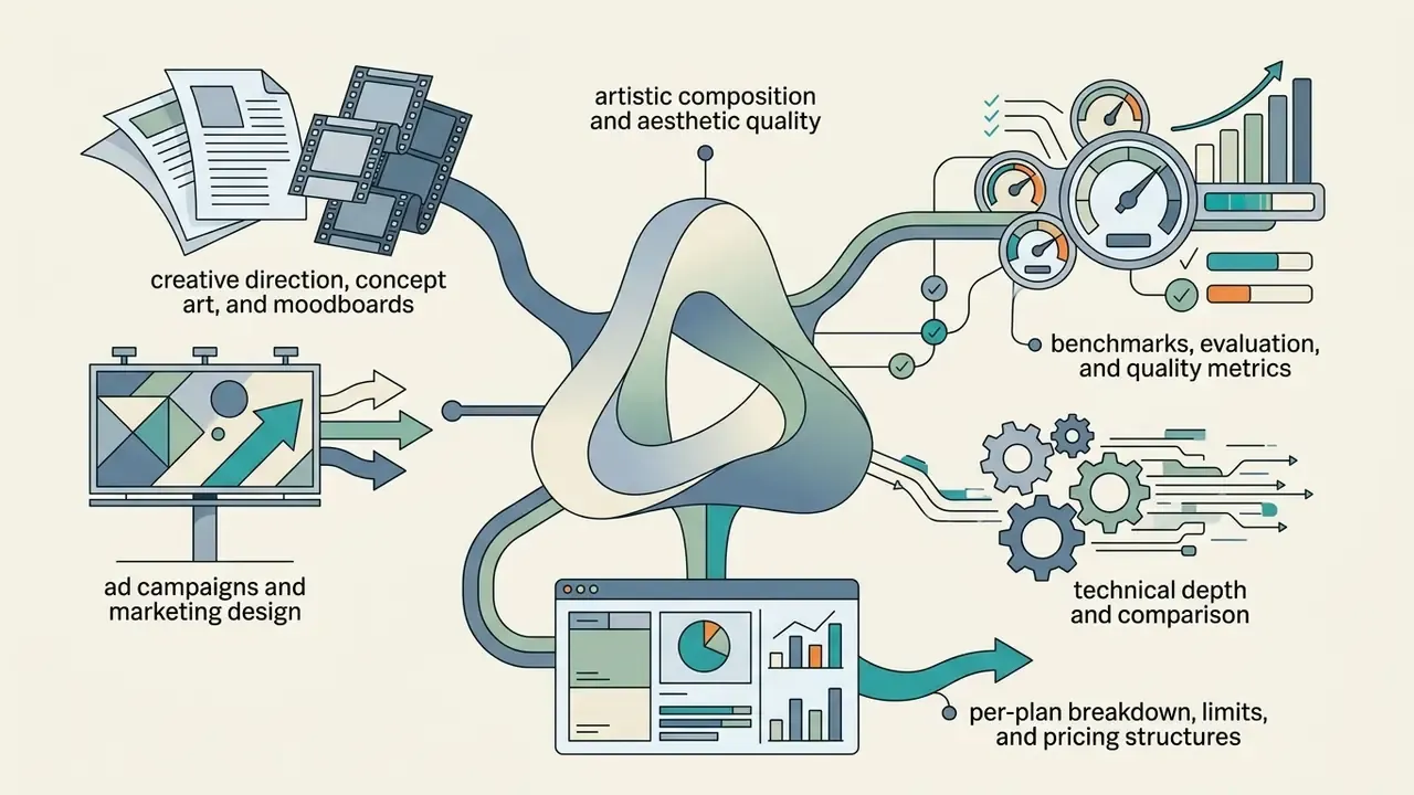 Central abstract shape connecting creative assets, performance metrics, technical gears, and pricing data