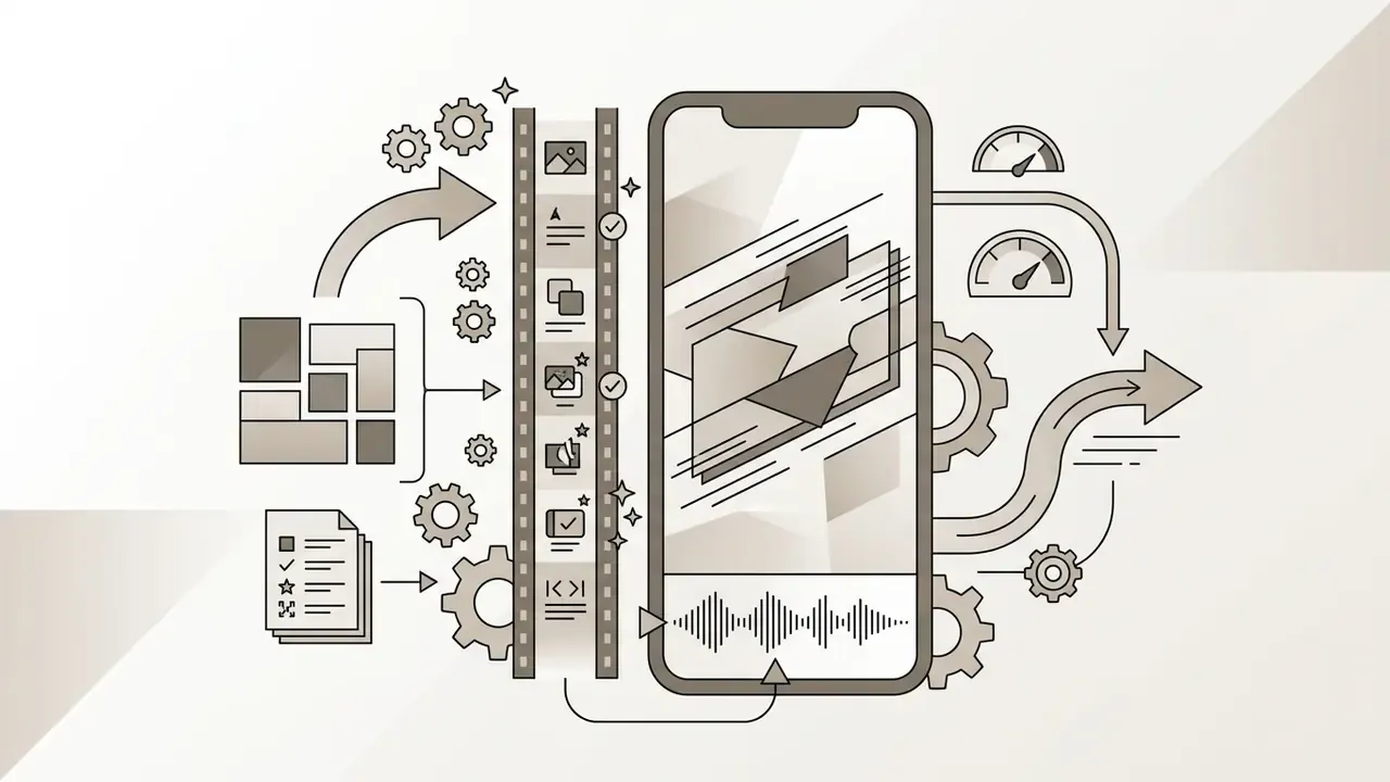 Diagram showing the assembly of media assets into a vertical video format for mobile playback