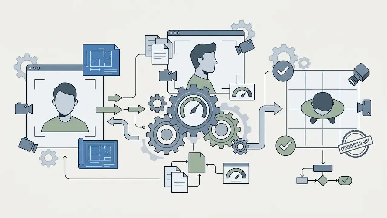 Character portraits being processed through mechanical gears to maintain consistent visual identity