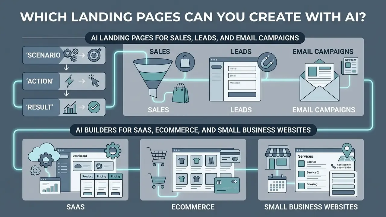 Infographic showing how AI builds specialized pages for sales, leads, email campaigns, and various business types