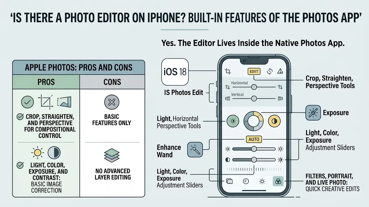 Infographic showing the iOS 18 photo editor interface alongside a list of pros and cons for Apple Photos