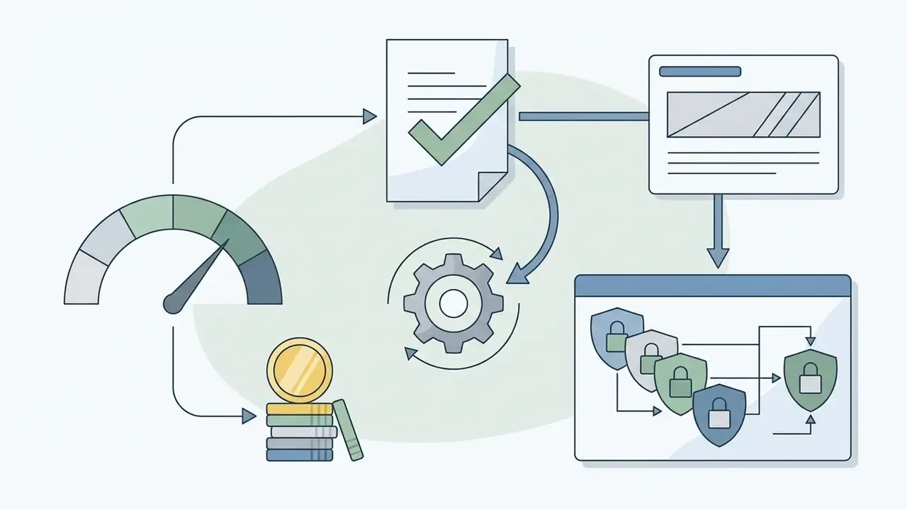 Gauge and coin stack icons connecting to a document, a gear, and a series of security shield symbols