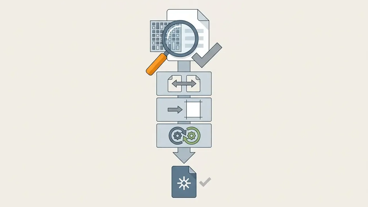 Magnifying glass inspecting a document followed by icons for mirroring, cropping, and gear processing