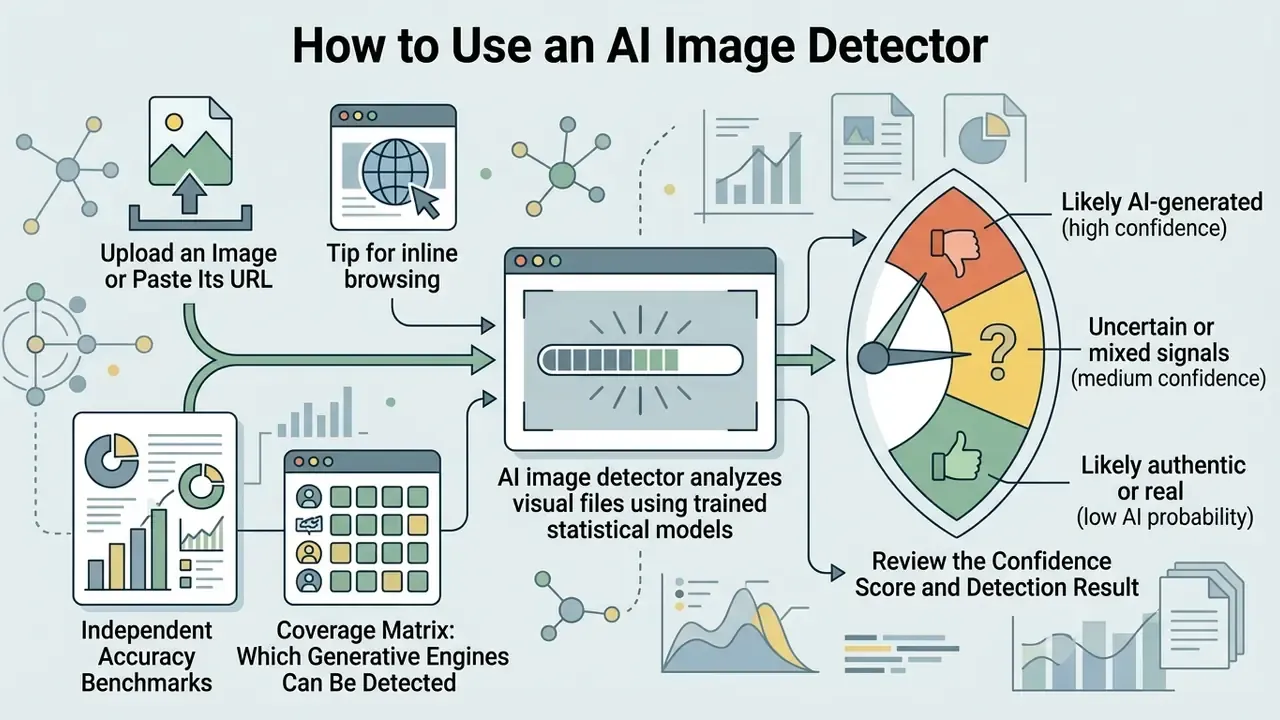 Diagram showing the process of uploading an image to an AI detector to receive a confidence score