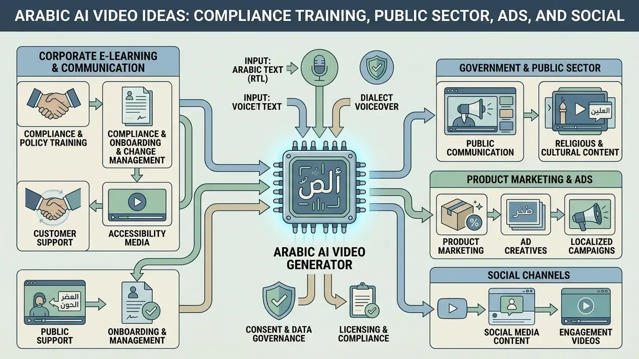 Central processor icon connected to various corporate and public sector video production use cases
