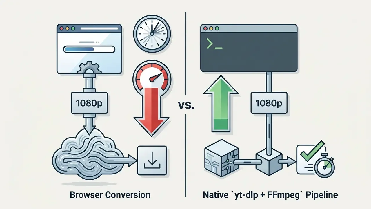 Visual side-by-side of browser conversion versus a native yt-dlp and FFmpeg pipeline for video processing