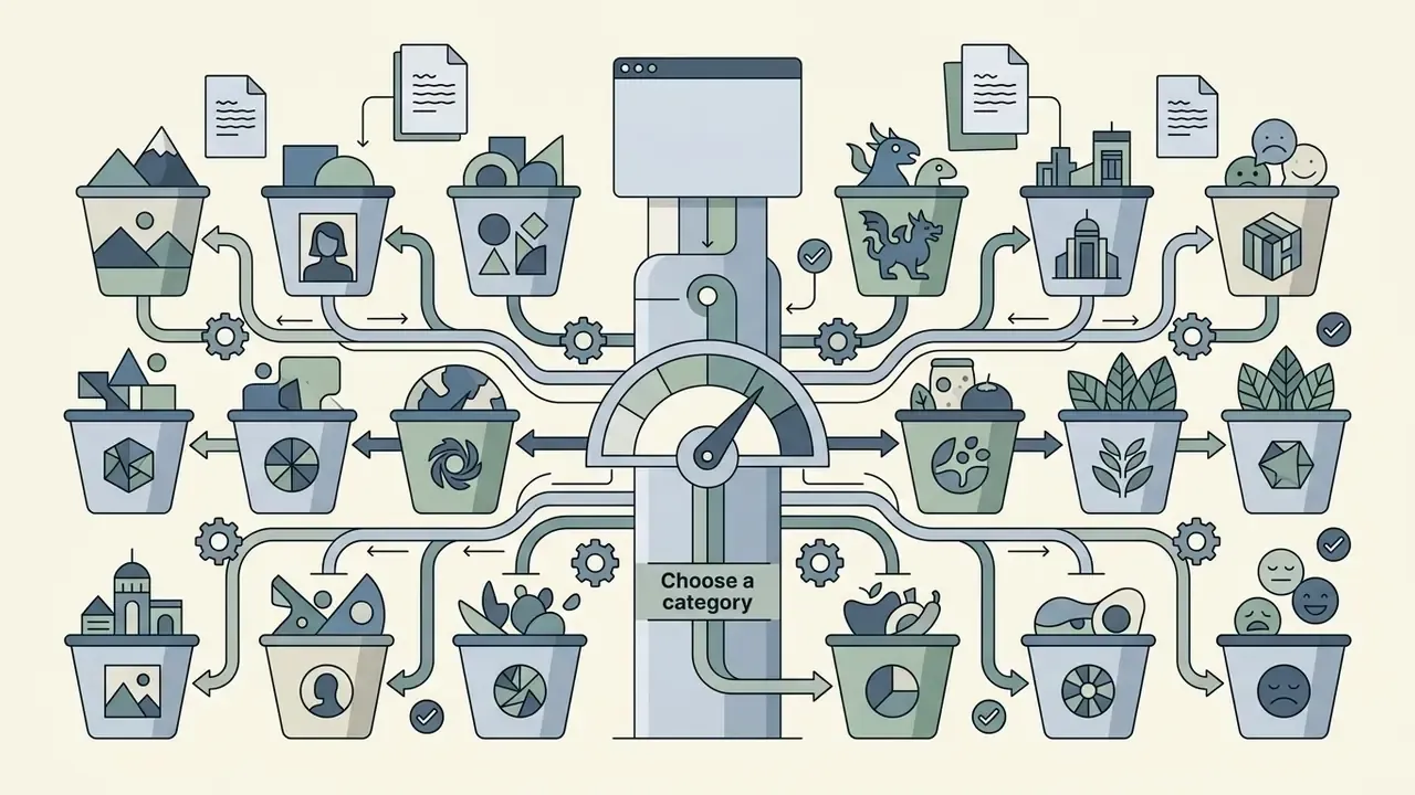 Fourteen buckets containing various icons connected by paths to a central gauge and selection panel