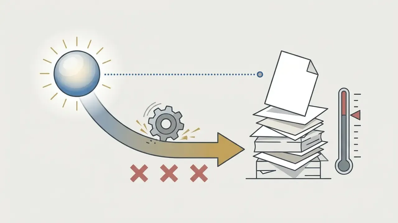 Glowing orb and gear moving toward a stack of papers with red X marks and a temperature gauge