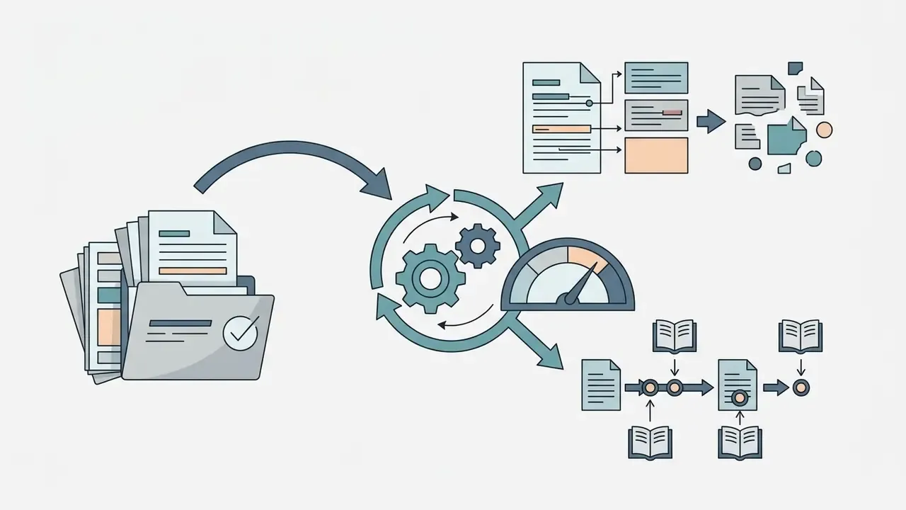 Folder of documents feeding into a central processing hub that outputs to fragmented files and citation maps