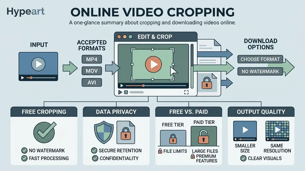 Infographic summarizing the workflow to crop video online including file formats and service tiers