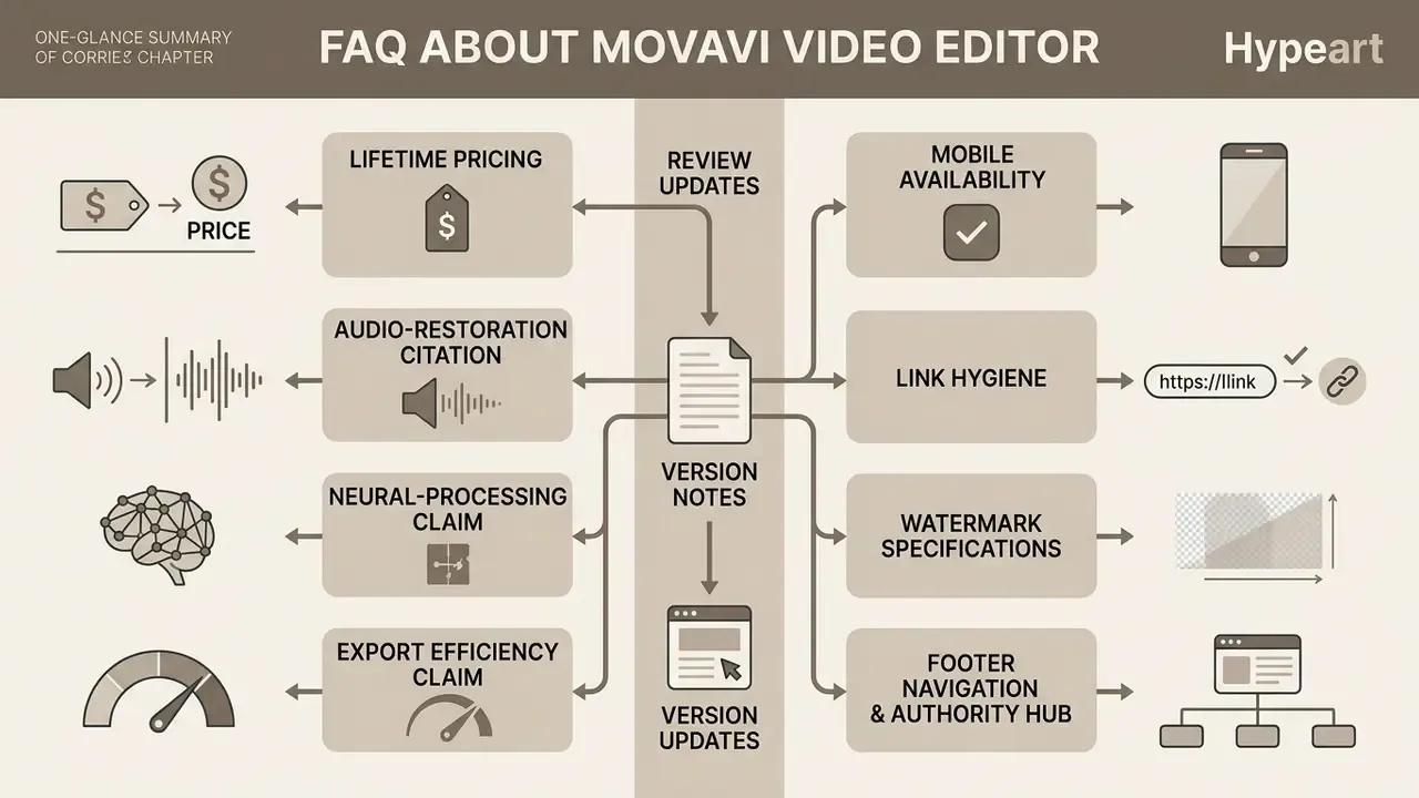 Flowchart connecting version notes to updated review topics like pricing, audio, and web navigation