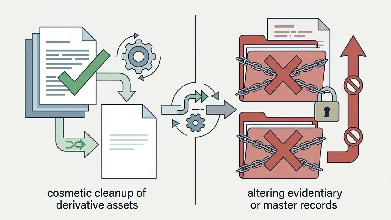 Flowchart contrasting approved cosmetic asset editing with restricted access to master record files