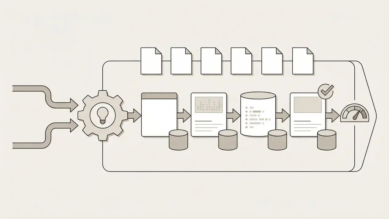 Documents and data icons flowing through a gear and processing pipeline toward a status gauge
