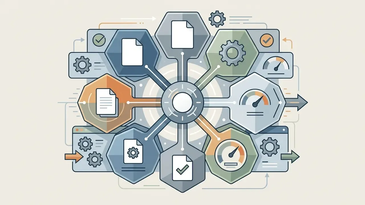 Documents and integration icons feeding into a central hub that outputs speedometers and status indicators