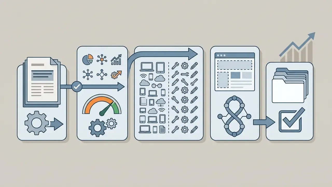 Series of icons showing data processing from document input to digital tools and organized file storage