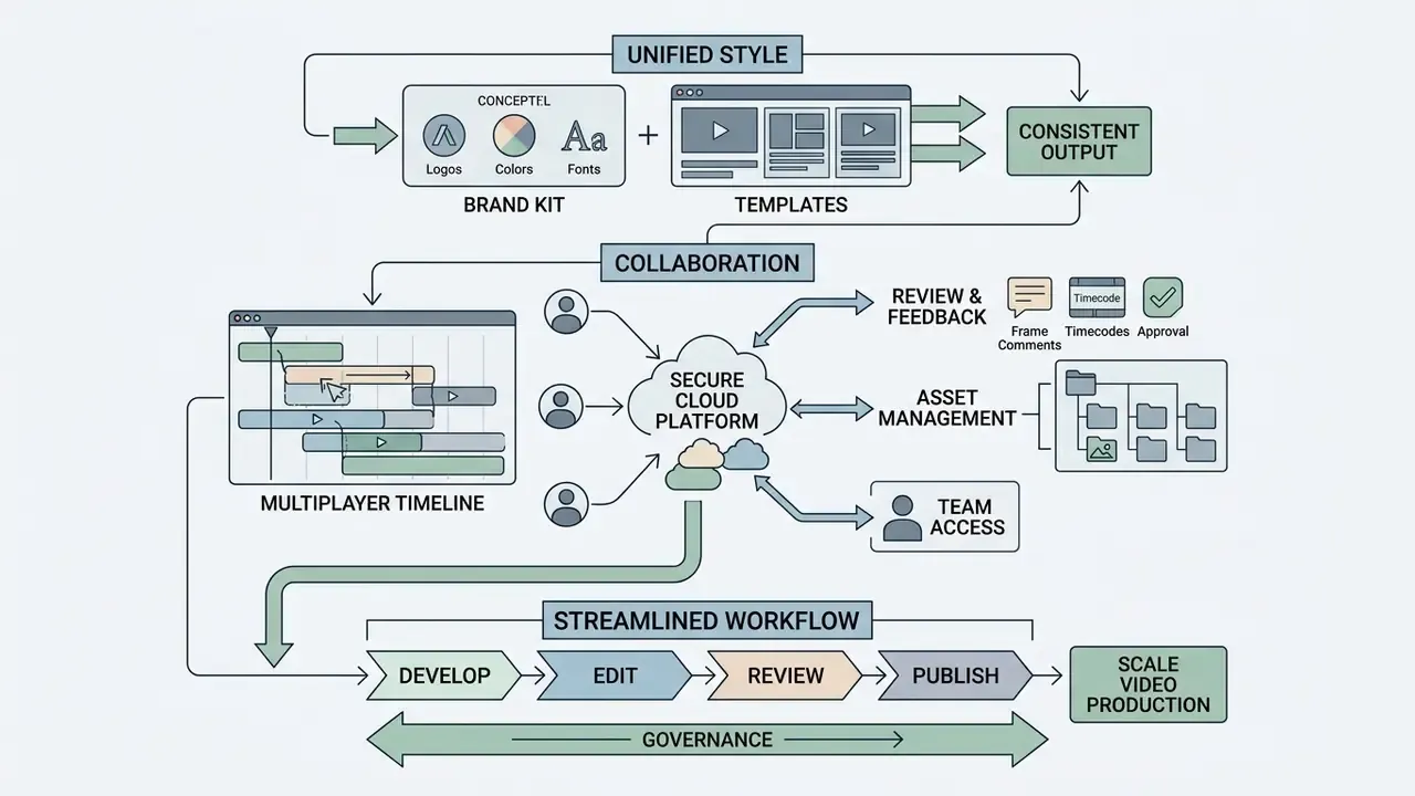 System map showing brand kits, cloud collaboration tools, and a staged workflow for scaling production