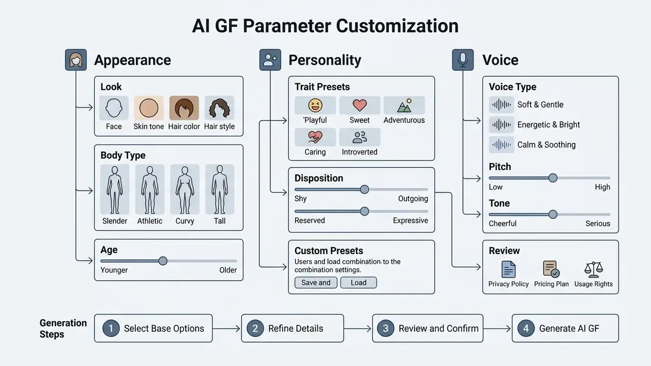Structural diagram showing categories for appearance, personality, and voice settings with a four-step workflow