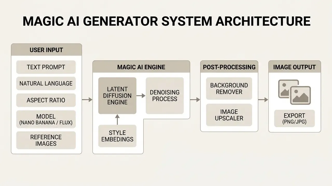 Flowchart showing the stages of a Magic AI generator from user input to processing and final image export