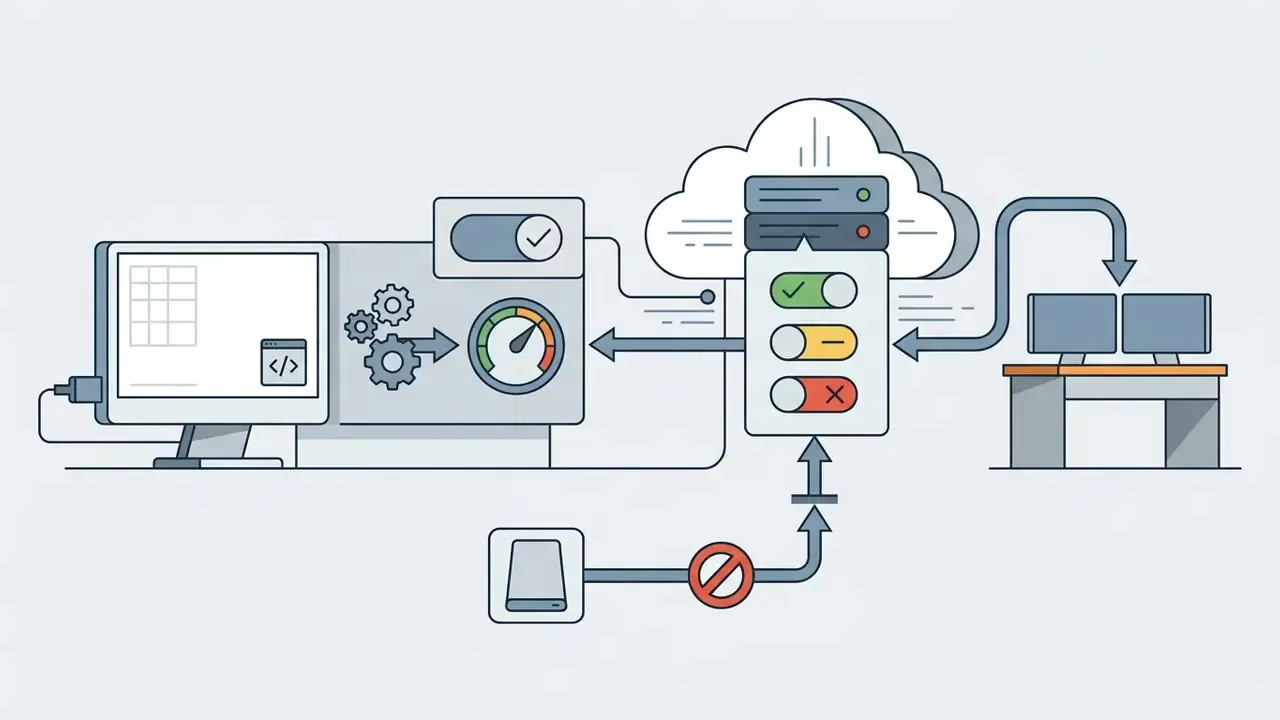 Computer monitor and cloud server interacting through toggle switches and data processing modules