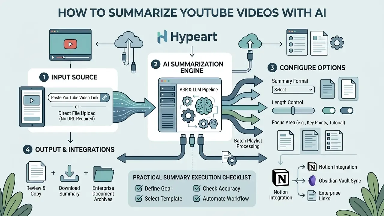 Workflow chart showing how to use an AI to summarize YouTube videos through input, processing, and export