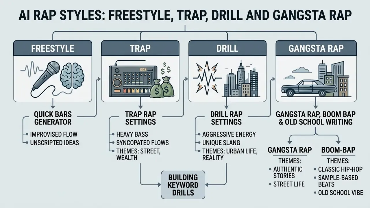 Comparison chart outlining various rap subgenres and their specific AI generation settings