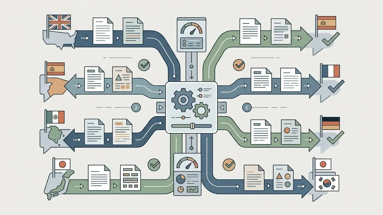 Central gear mechanism processing text documents into localized audio content for multiple global regions