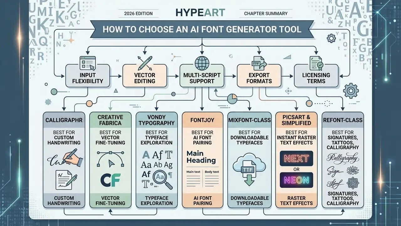 Comparison chart outlining key evaluation criteria and specific software options for typeface creation