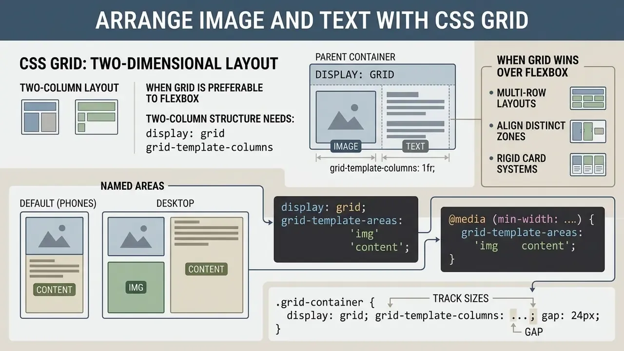 Diagram explaining how to put image next to text html using CSS Grid properties and layout examples